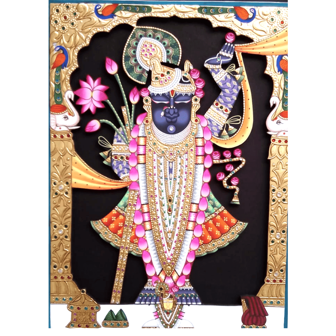 Gold Leaf Shrinathji Painting with Lotus, Elephants & Peacocks